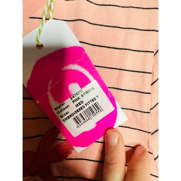 ONE TEASPOON Pink Striped Bower Bird Embroidered Logo Fitted T-Shirt NWT Size M - Picture 6 of 8